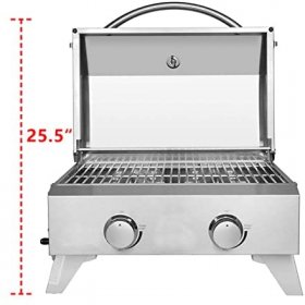 Portable Propane Gas Grill - 20,000 BTU Tabletop Grill Outdoor Cooking Stove with Foldable Legs,Regulator, 2 Burner Stainless Steel for Picnic Camping Trip, Tailgating, Patio Garden BBQ Home Use