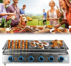 LOYALHEARTDY19 Small Six-Head Grill, 6 Burners, Gas Grill, Smokeless Camping Grill, American Commercial Outdoor Desktop Picnic Grill with Electronic Ignition Glass Cover Stainless Steel Burner