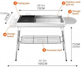 Charcoal Grill, Stainless Steel Foldable Portable Barbecue Grill Lightweight Charcoal Char Broil BBQ Pit Grill For Outdoor Picnic, Patio, Backyard & Camping (Color : Silver)