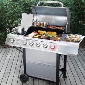 Royal Gourmet 5-Burner BBQ Liquid Propane Gas Grill with Sear Burner and Side Burner, Stainless Steel 64,000 BTU Patio Garden Picnic Backyard Barbecue Grill, Silver
