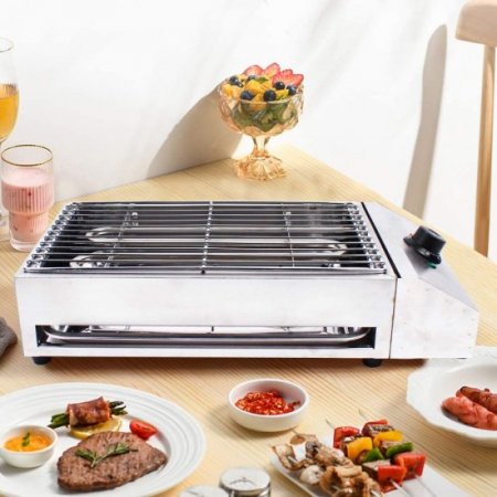 Commercial 2800W Electric Indoor Grill, Smokeless Grill Barbecue Oven Grill Stainless Steel For BBQ Equipment with Extra-Large Drip Tray 122