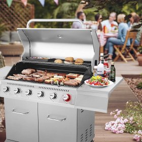 Royal Gourmet Premier 6 BBQ Stainless Steel Propane Gas Grill with Sear Side Burner Cabinet Style Outdoor Party Cooking, Silver