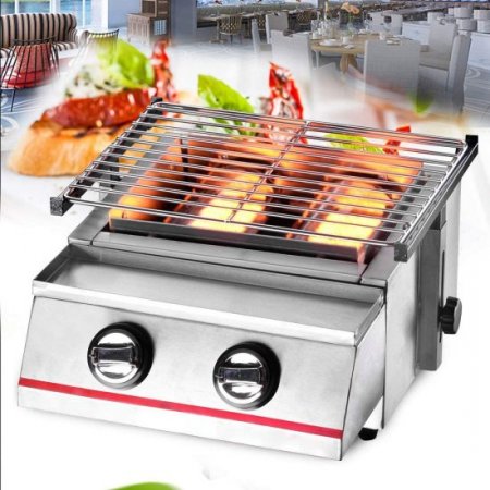 LOYALHEARTDY Portable 2 Burner LPG Gas BBQ Grill with Steel Cover, Tabletop Smokeless Outdoor Barbecue Cooker,Stainless Steel Gas LPG Grill Outdoor BBQ Tabletop Cooker (US Shipping)