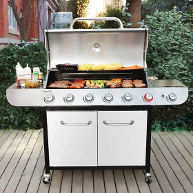 Royal Gourmet 6 BBQ Liquid Propane Grill with Sear and Side Burners, 71,000 BTU Cabinet Style Stainless Steel Gas Griller, Silver