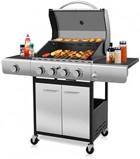 Liquid Propane Gas Grill - Gas Grill with Stainless steel & Enamelled Cooking Grills, Perfect Gas Barbecue Wagon for Outdoor (Four Burners)