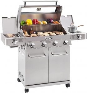 Monument Grills 4-Burner Stainless Steel Cabinet Style Propane Gas Grill with Clear View Lid, LED Controls, Built in Thermometer, and Side & Side Sear Burners