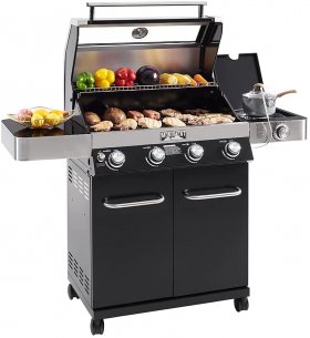 Monument Grills 4-Burner Black Porcelain Enamel Coated Cabinet Style Propane Gas Grill with LED Controls, Clear View Lid, Side Burner, Built in Thermometer, and USB Light