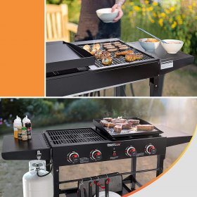 Royal Gourmet 4-Burner Portable Propane Gas Grill and Griddle Combo with Folding Legs and Side Table, Black