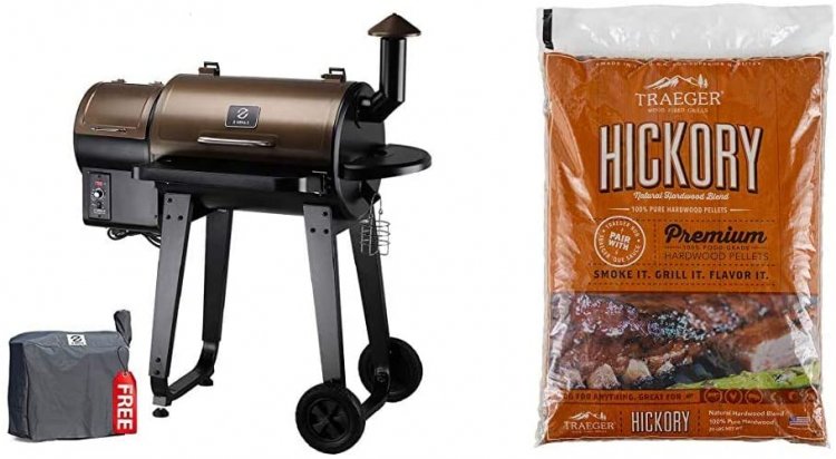 Z GRILLS 2020 Upgrade Wood Pellet Grill & Smoker 6 in 1 BBQ Grill Auto Temperature Control, 450 sq in, Bronze & Traeger PEL319 Hickory 100% All-Natural Hardwood Grill Pellets