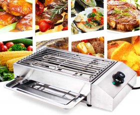 Commercial 2800W Electric Indoor Grill, Smokeless Grill Barbecue Oven Grill Stainless Steel For BBQ Equipment with Extra-Large Drip Tray 122
