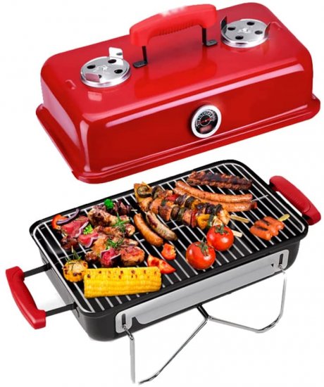 WANGF Charcoal Grill Household Folding Portable Barbecue Grill 304 Stainless Steel Enamel Furnace Body Red/Black Optional Both Braised Skewers Length 58cmwidth 30cmheight 37.5cm