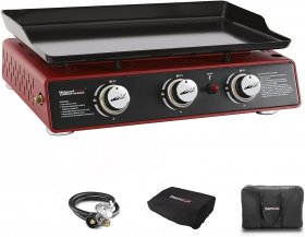 Royal Gourmet Portable Tabletop 24-Inch Gas Grill, 3-Burner Propane Griddle with Cover and Carrying Bag, Red