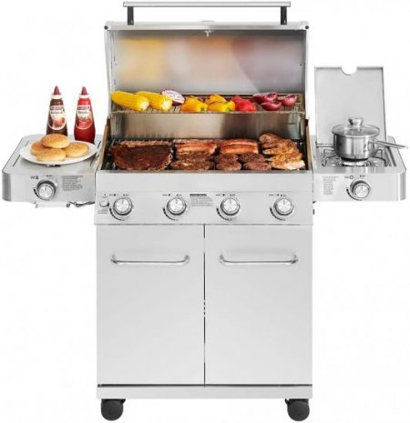 Monument Grills 4-Burner Stainless Steel Cabinet Style Propane Gas Grill with Side & Side Sear Burners, Built in Thermometer, and LED Controls