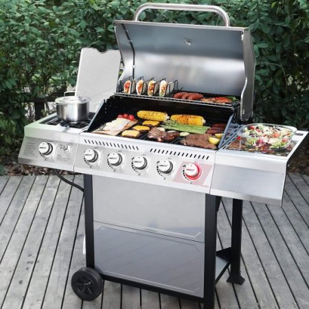 Royal Gourmet 5-Burner BBQ Liquid Propane Gas Grill with Sear Burner and Side Burner, Stainless Steel 64,000 BTU Patio Garden Picnic Backyard Barbecue Grill, Silver