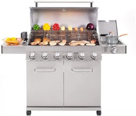 Monument Grills 6-Burner Stainless Steel Cabinet Style Propane Gas Grill with LED Controls, Side Burner, Built in Thermometer, and Rotisserie Kit