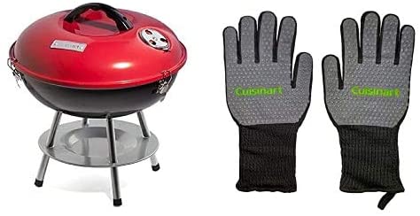 Cuisinart Grill Bundle - Portable Charcoal Grill, 14\" (Red) & Heat Resistant Grill Gloves (Black)